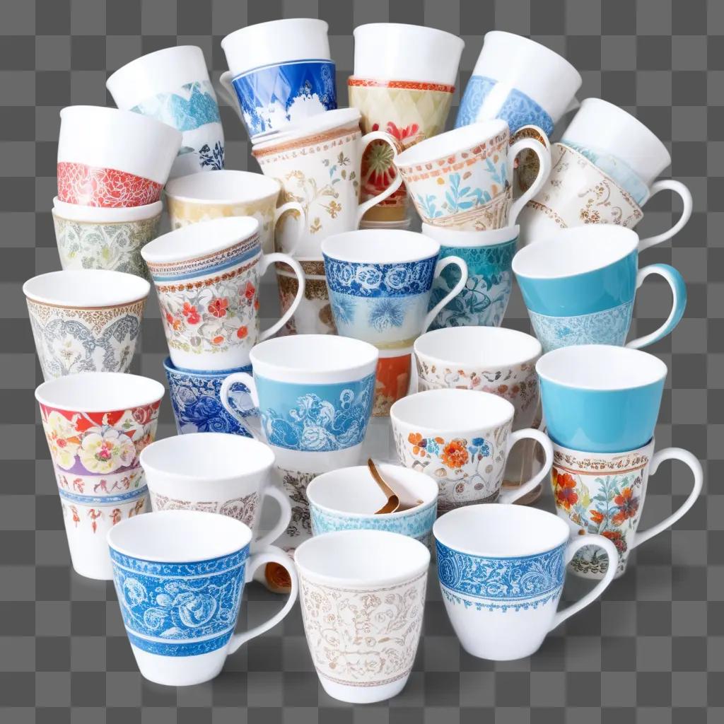 Coffee cups stacked in a pile with different designs