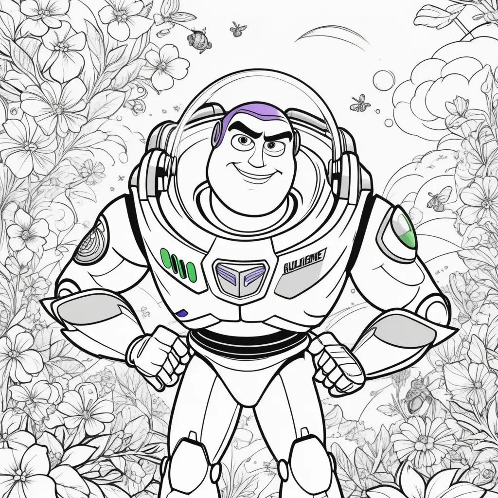 Color Buzz Lightyear coloring page with flowers and butterflies