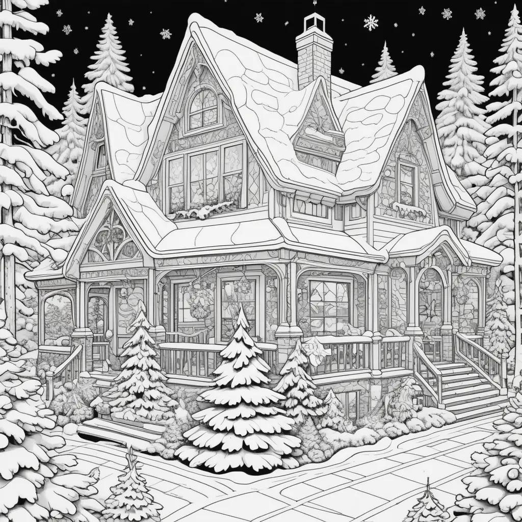 Color by number Christmas page features a snowy house and pine trees