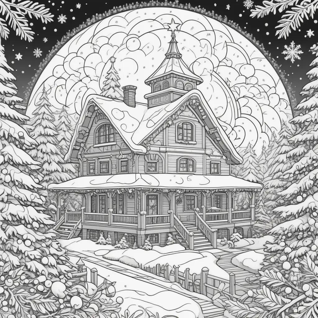 Color by number Christmas pages - Snowy scene with house and trees