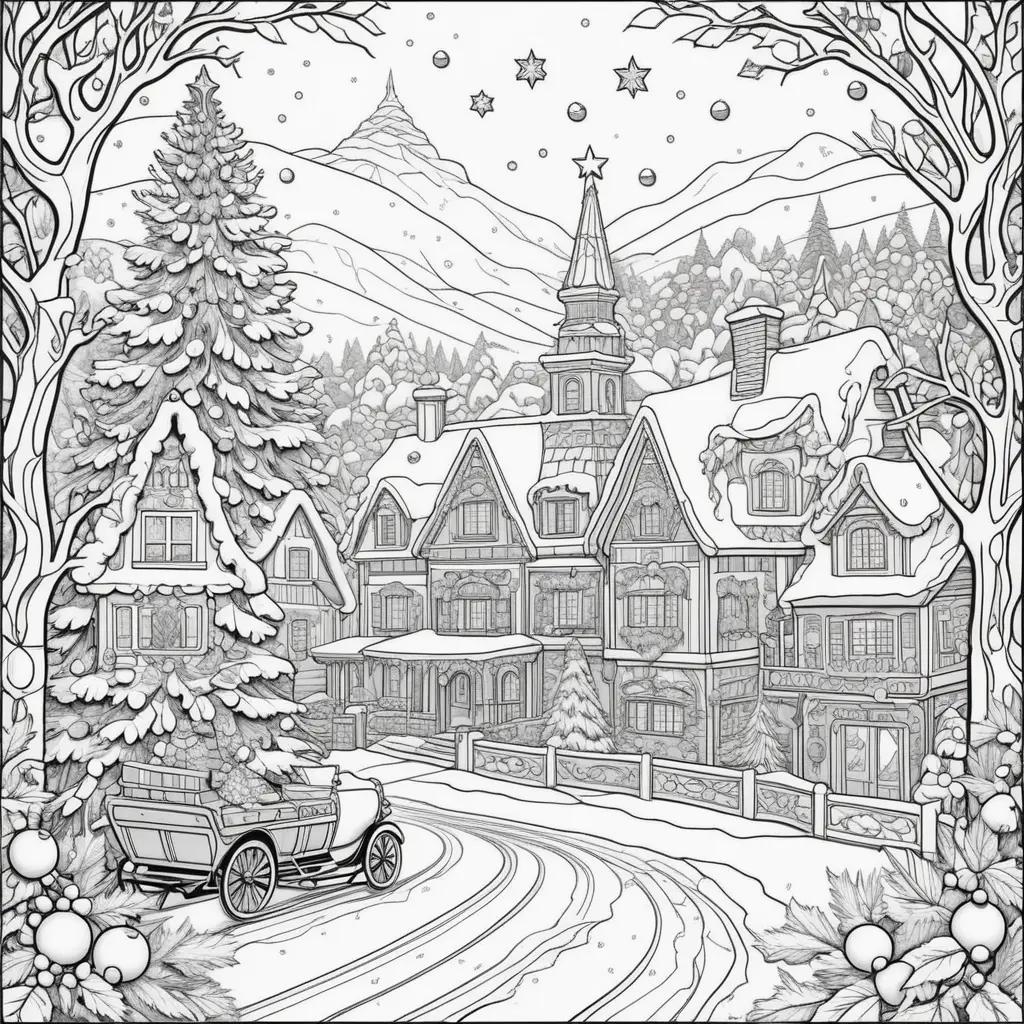 Color by number Christmas pages featuring a snowy village and a car