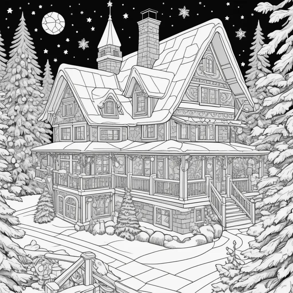 Color by number Christmas pages with a snowy house