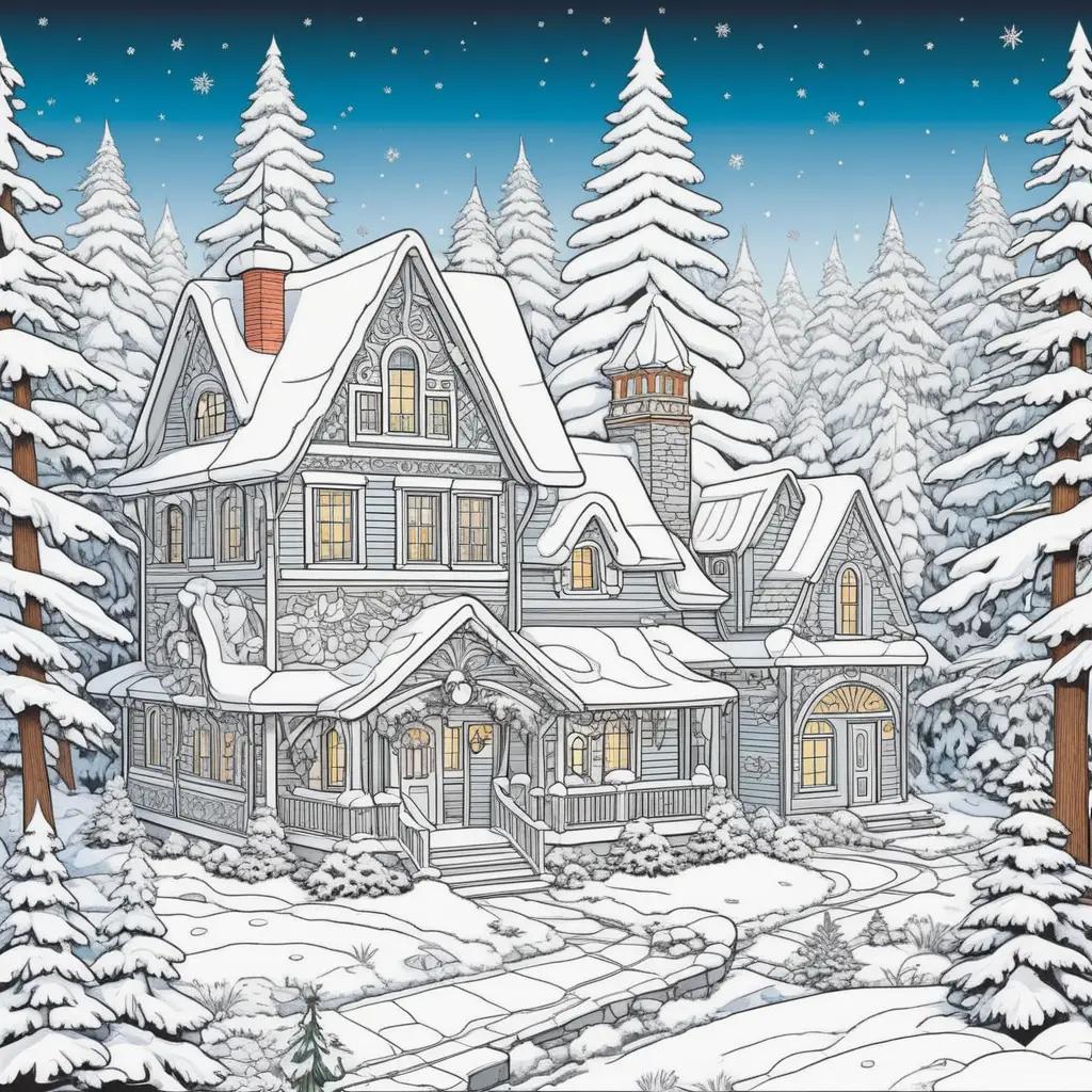 Color by number Christmas pages with a snowy house in a forest