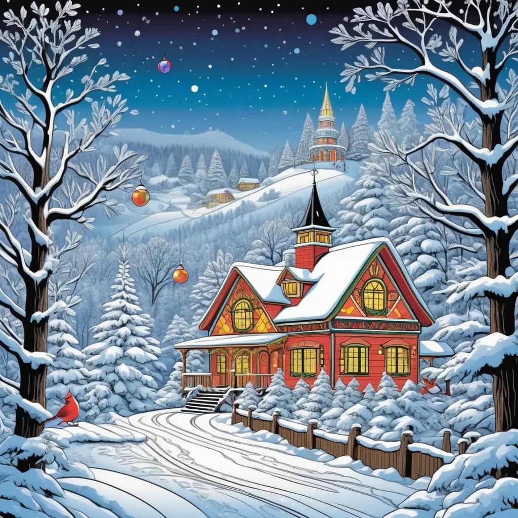 Color by number Christmas pages with snow-covered house