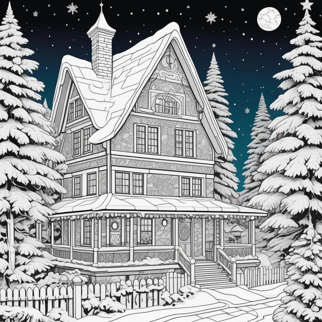 Color by number Christmas pages with snowy house