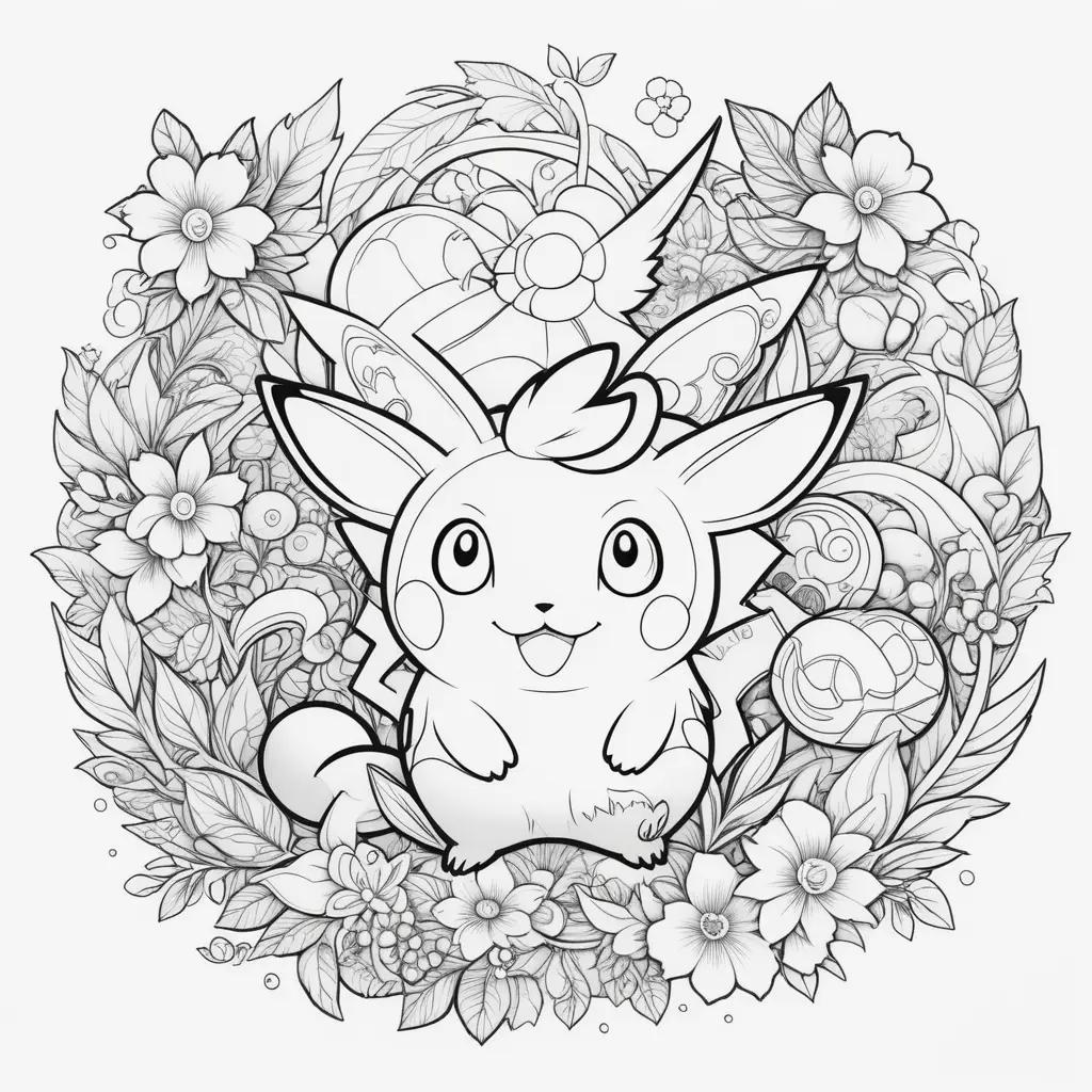 Color by number coloring page featuring a pokemon with flowers in the background