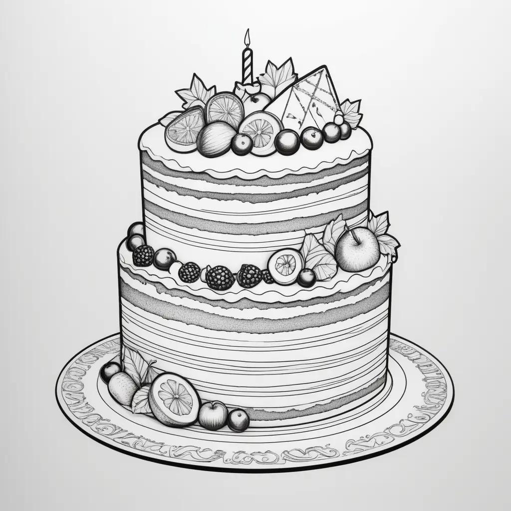 Color by numbers drawing of a cake with fruits and candles