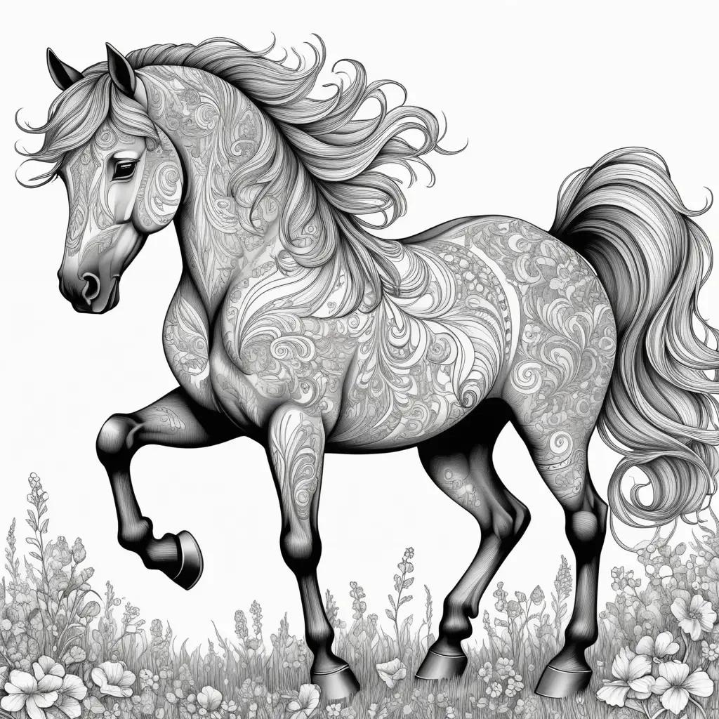 複雑なデザインの黒と白の馬をフィーチャーしたカラーページ