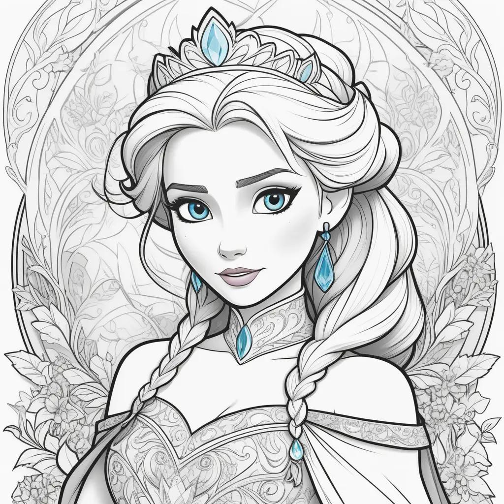 Color page of Elsa with blue earrings and necklace