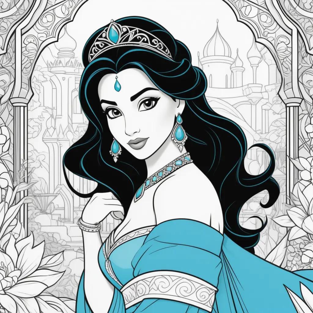 Color page of Princess Jasmine featuring a blue tiara and a castle