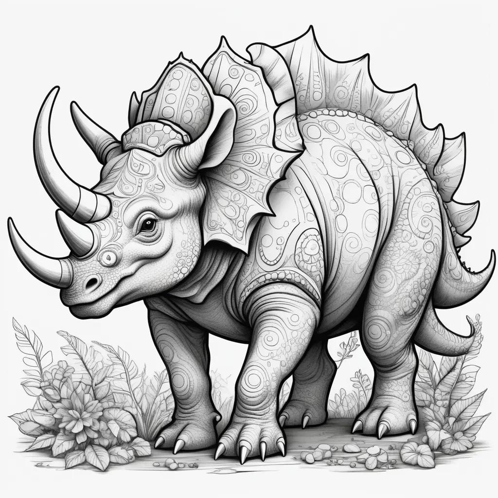 Color page of Triceratops with a floral background