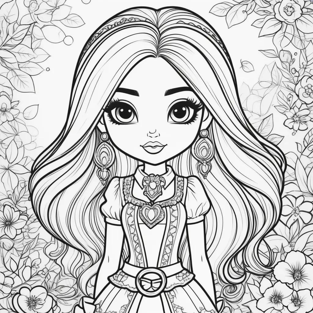 Color page of a Bratz doll with floral background