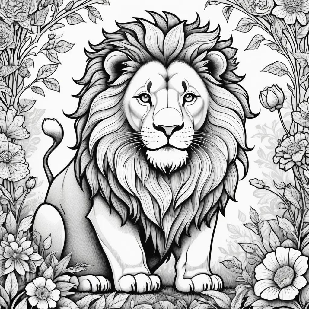 Color page of a black and white lion in a flower background