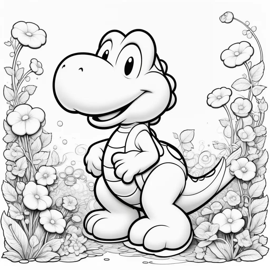 Color page of a cute yoshi in a flower garden