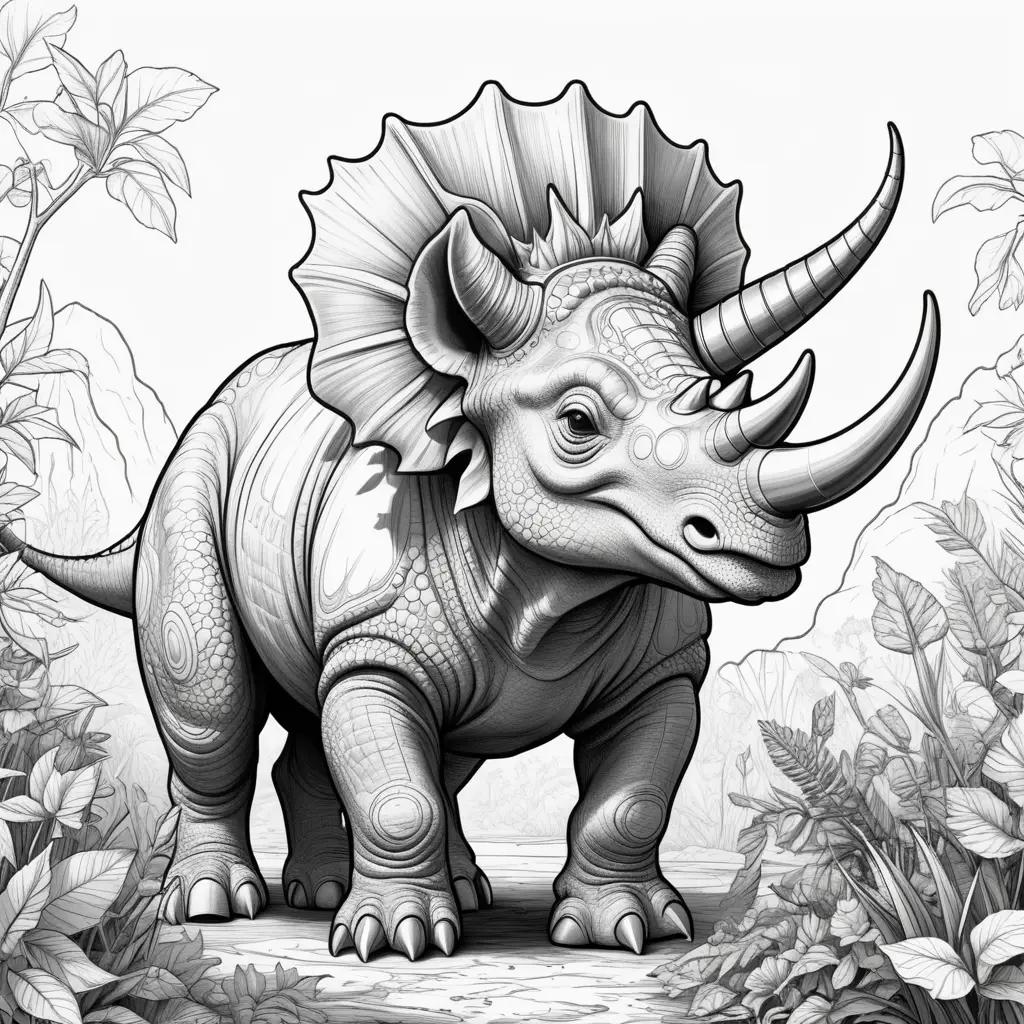 Color page of a dinosaur, Triceratops, in black and white