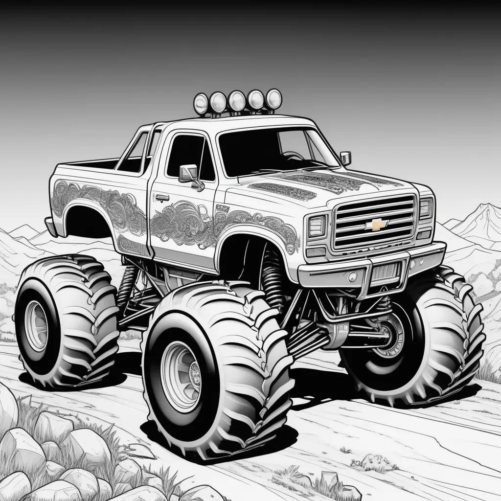 Color page of a monster truck on a rocky terrain