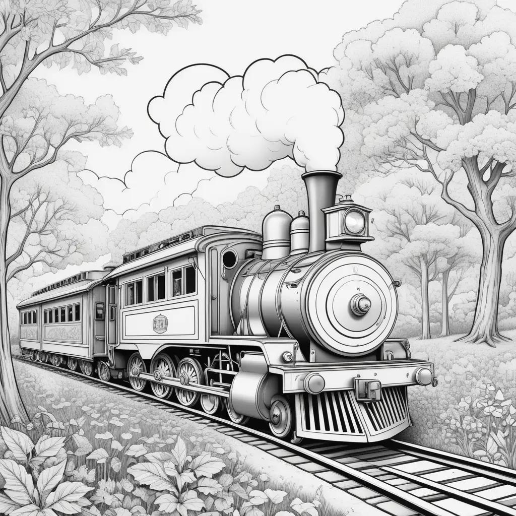 Color page of a steam locomotive in a forest