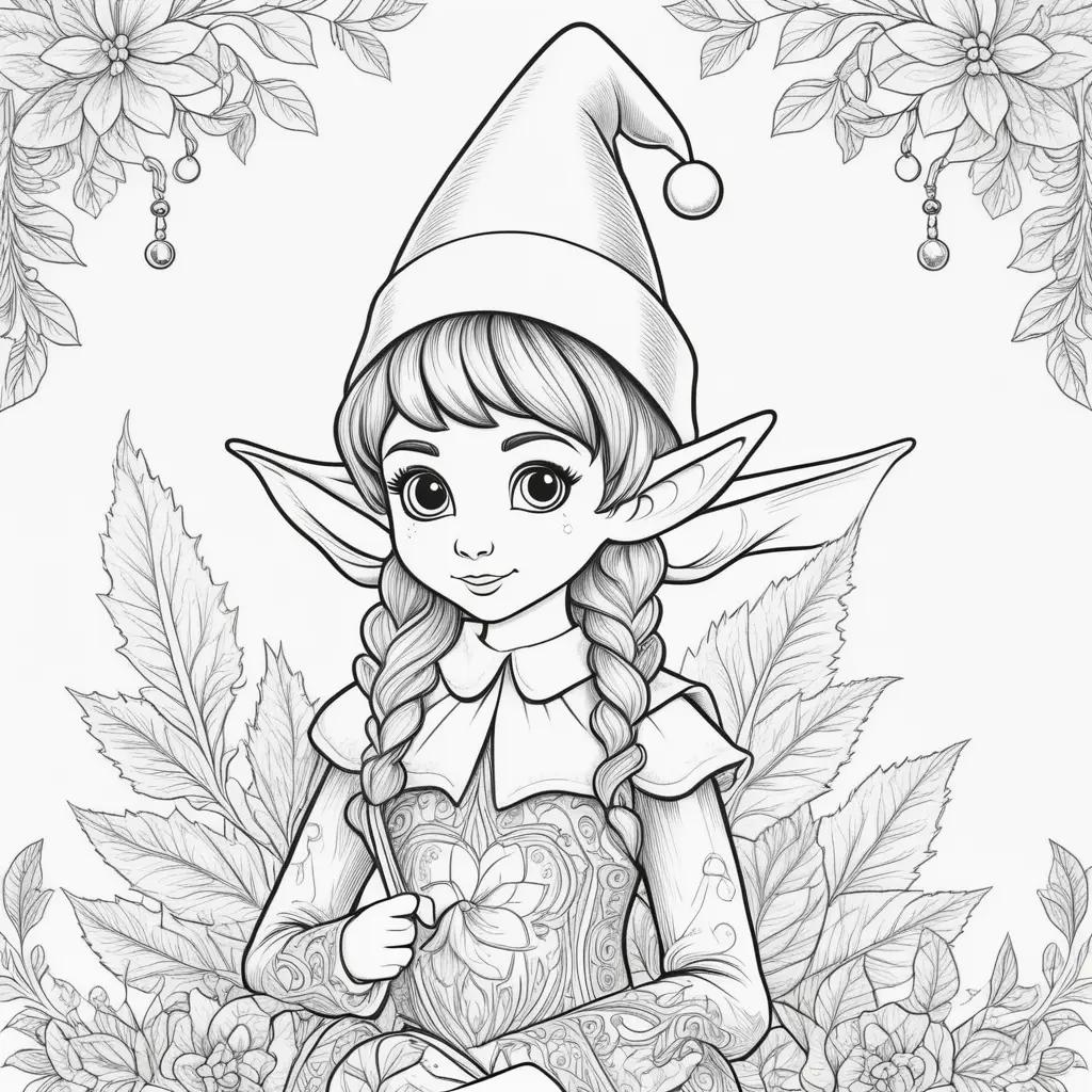 Color page of an elf on the shelf with black and white illustrations