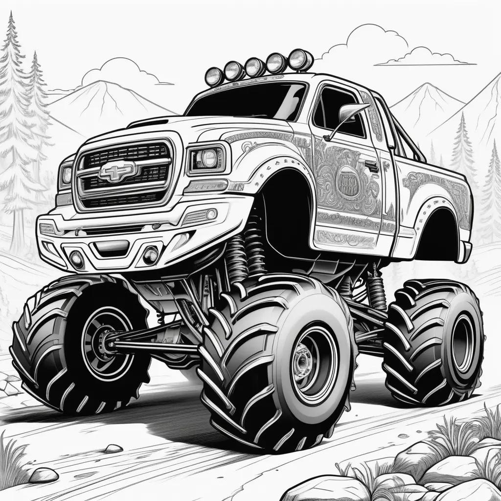 Color page of monster truck with big tires and headlights