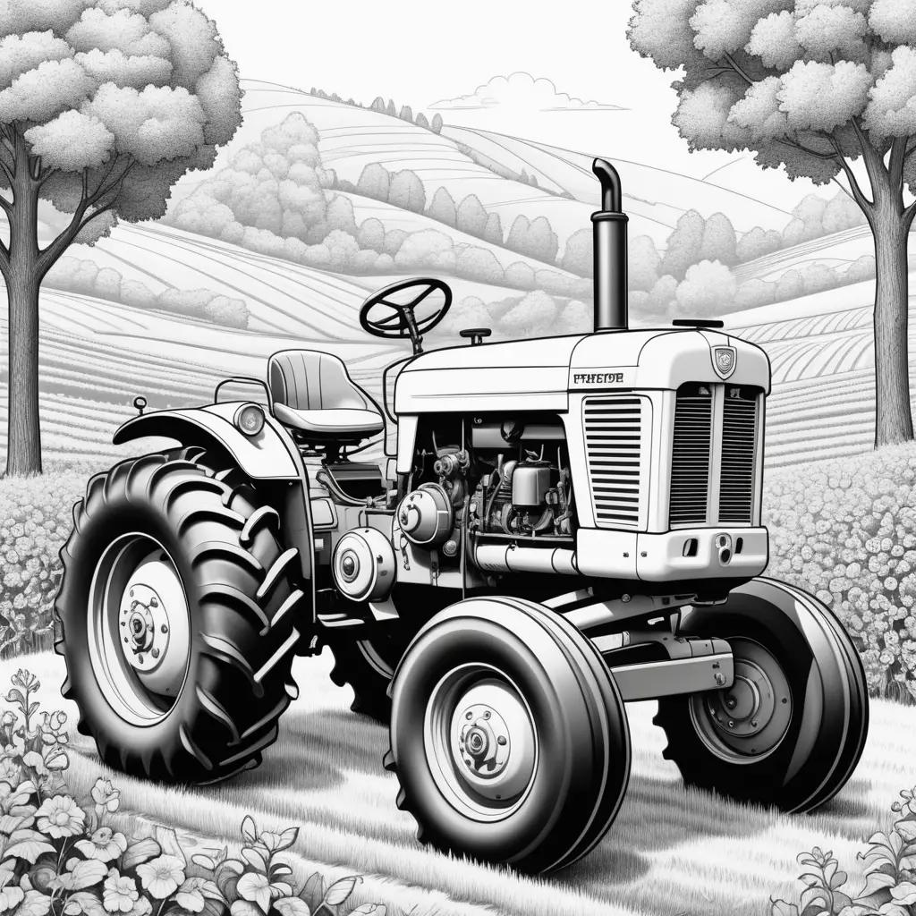 Color page of tractor on farm with trees in background