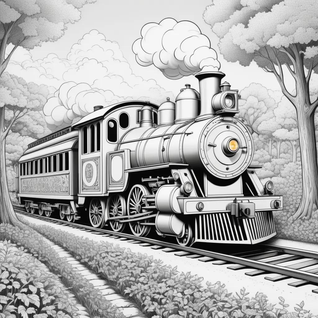 Color page train on tracks, with clouds and trees in background