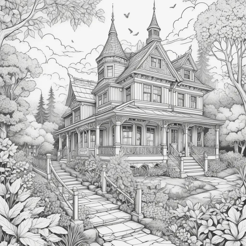 Color pages for teens: drawing of a large house with a bird on it