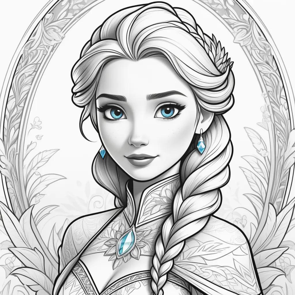 Color pages of Elsa from Frozen, with blue eyes and blue earrings