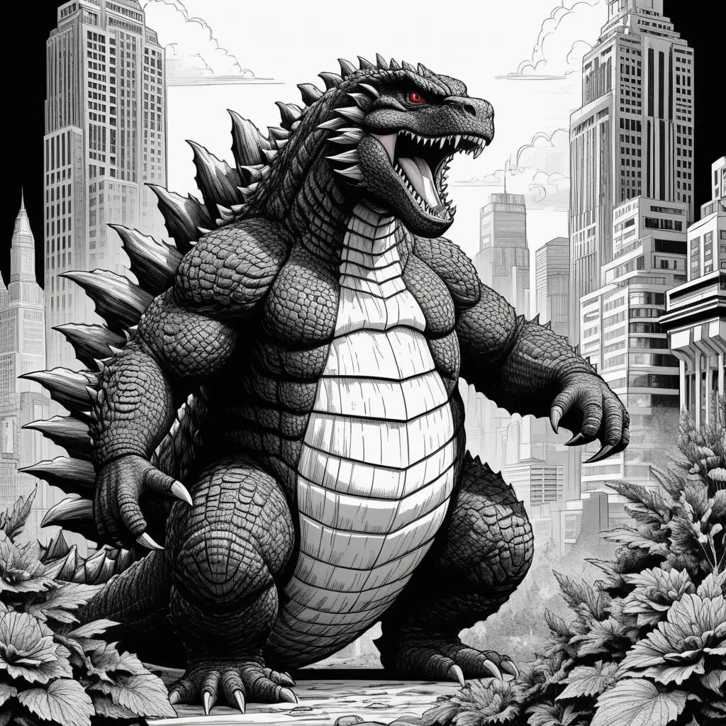 Color pages of Godzilla in a black and white city