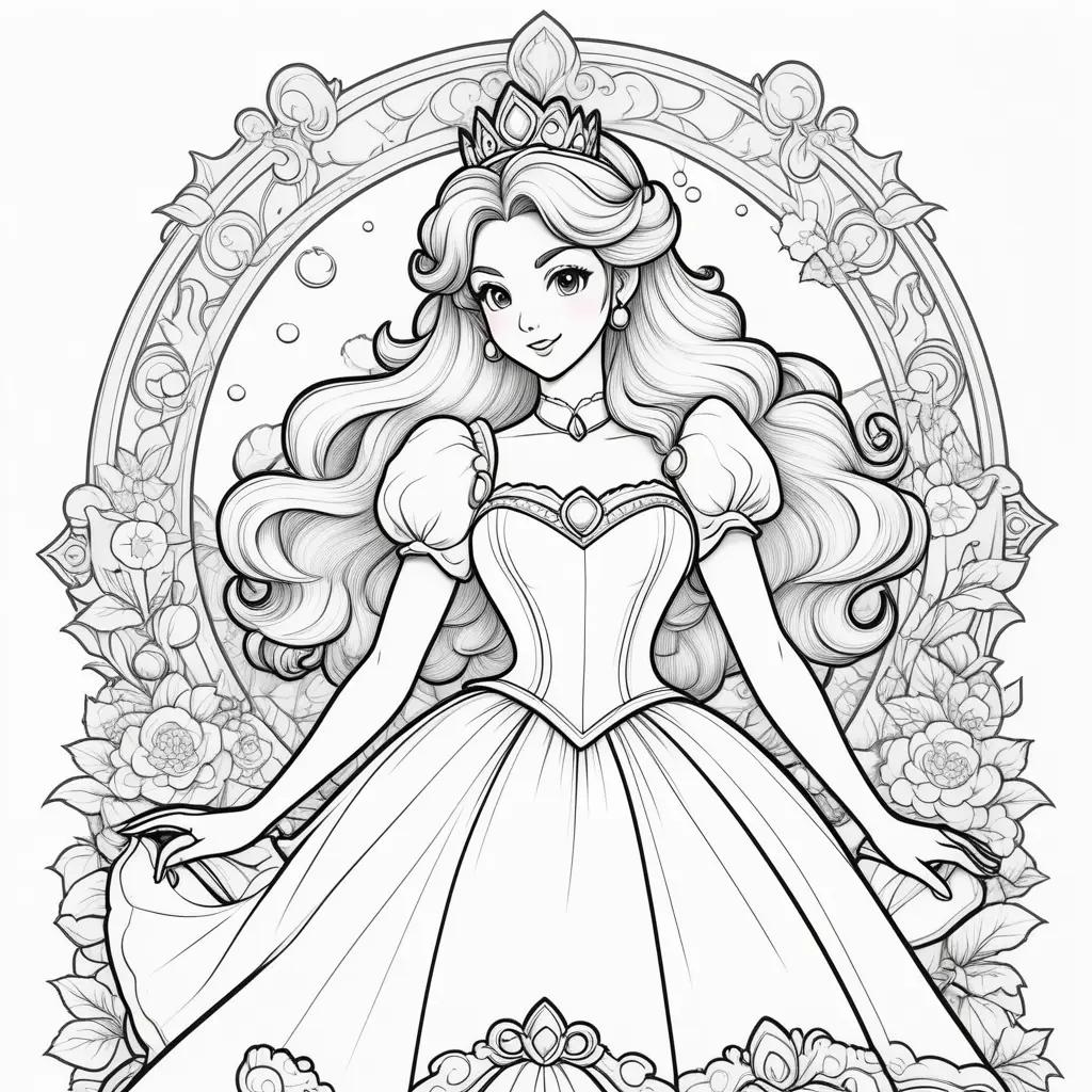 Color pages of Princess Peach, a beautiful princess with a crown