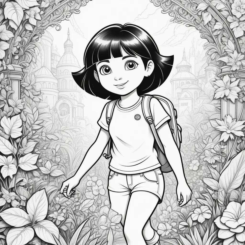 Color pages of a black and white Dora the Explorer character