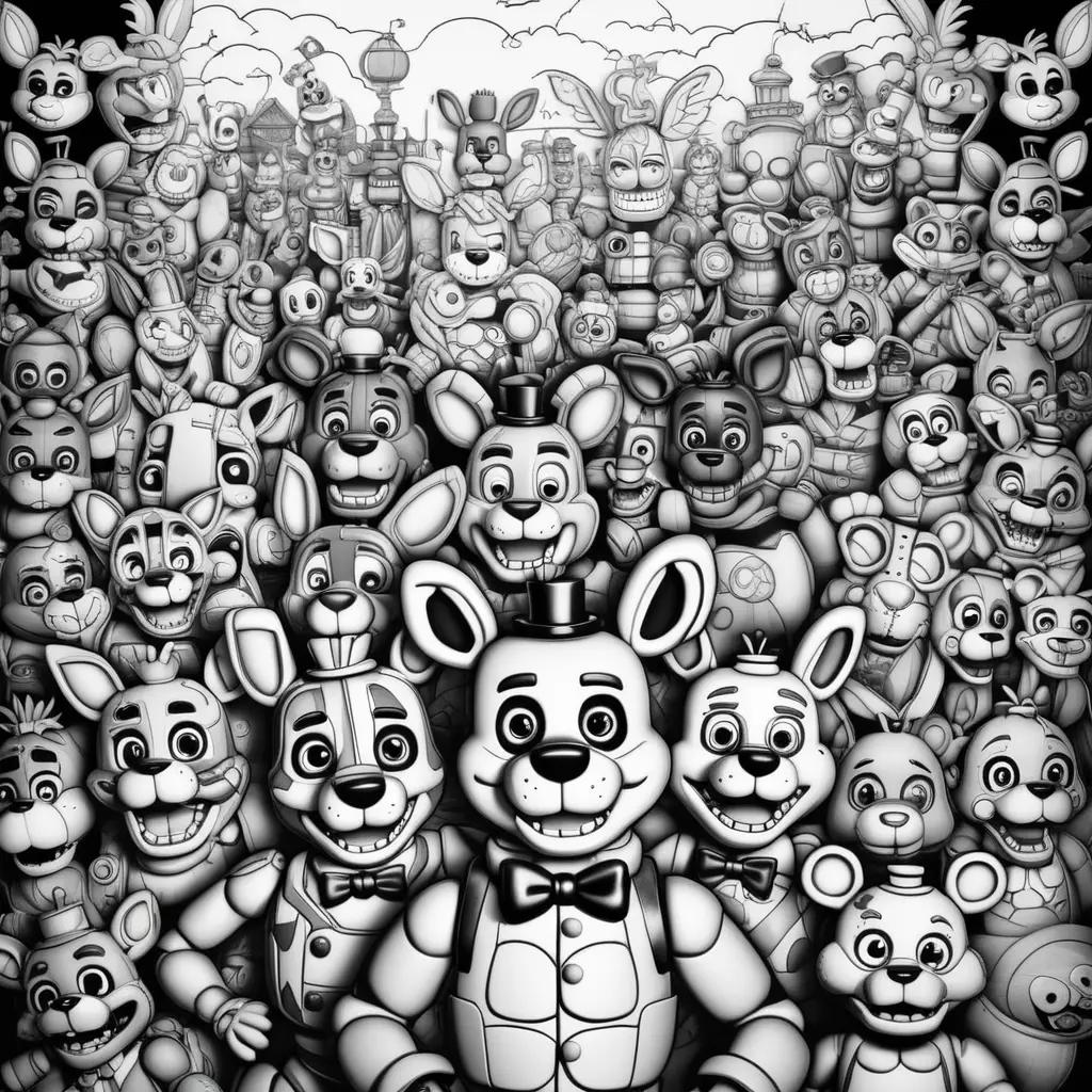 Color pages of a black and white fnaf cartoon