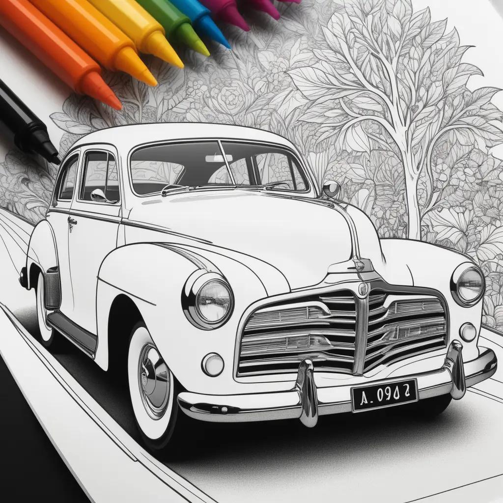 Color pages of a classic car in black and white