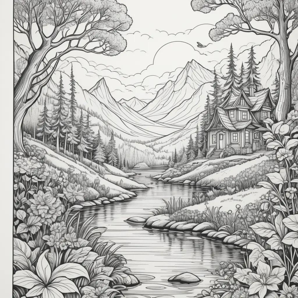 Color printer test page with mountain and forest scenery