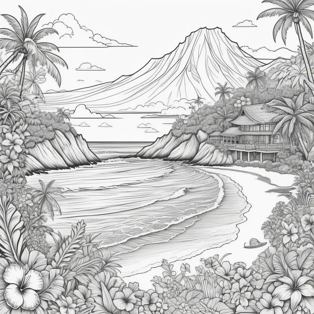 Color your own Hawaii beach scene with flowers and palm trees