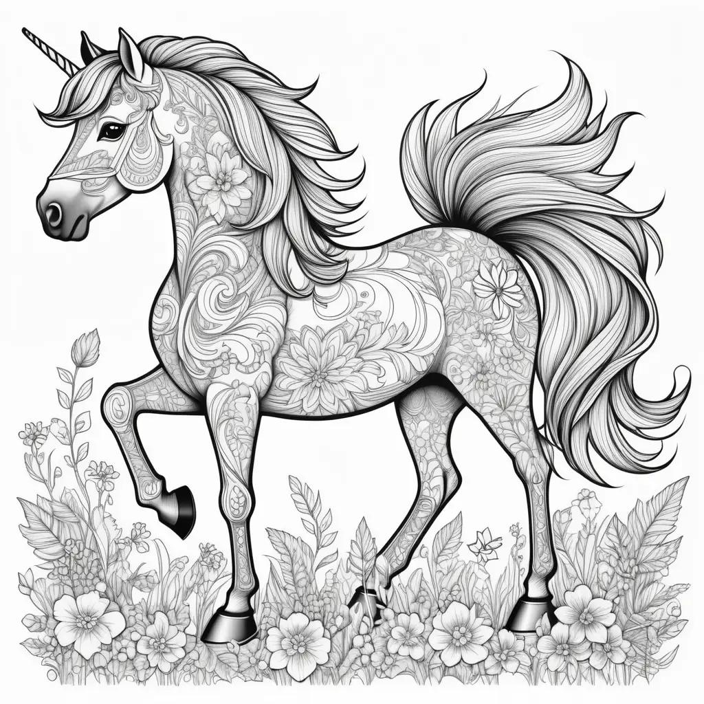 Colorful, ornate horse and floral background in black and white