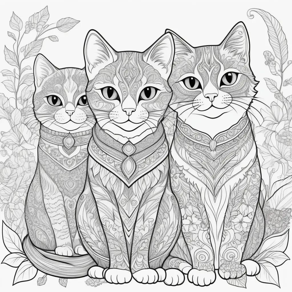 Colorful, patterned cats with unique accessories in black and white coloring pages