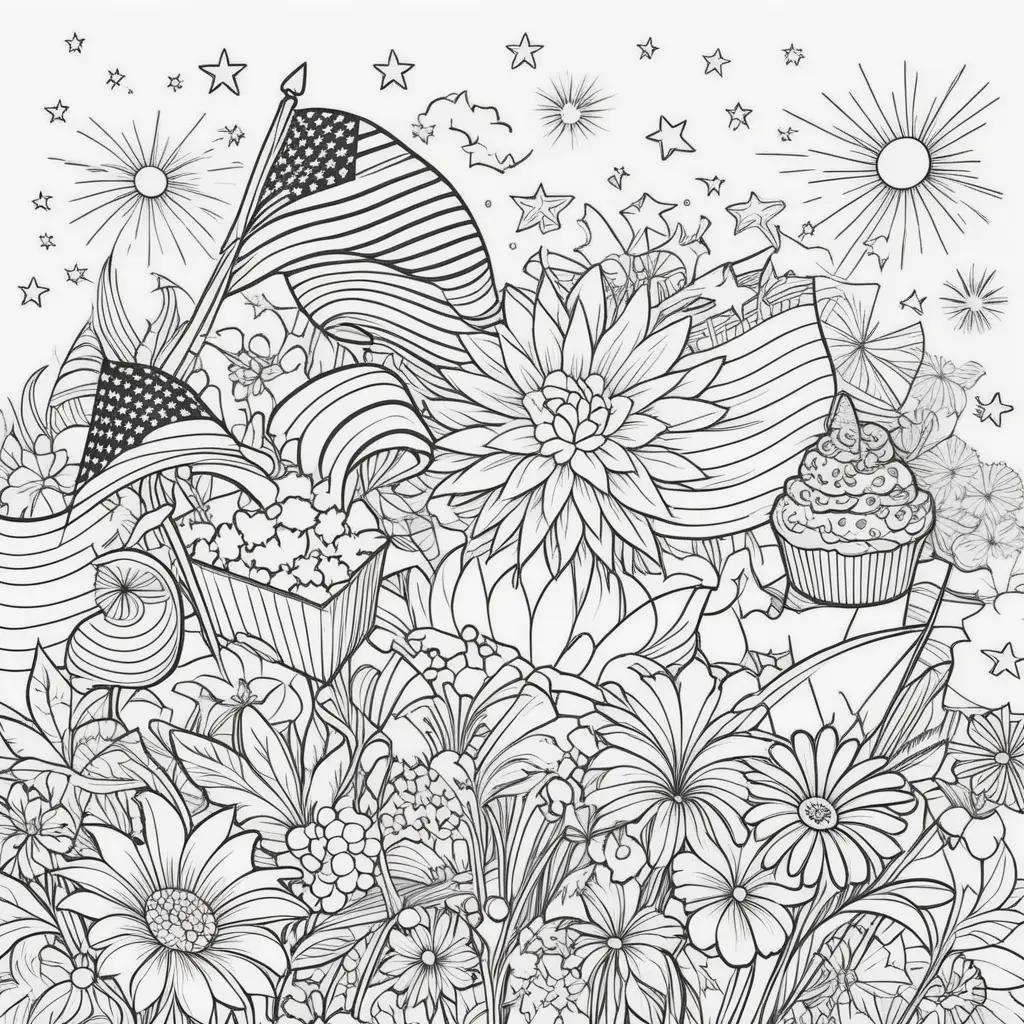 Colorful 4th of July coloring pages with flowers and stars