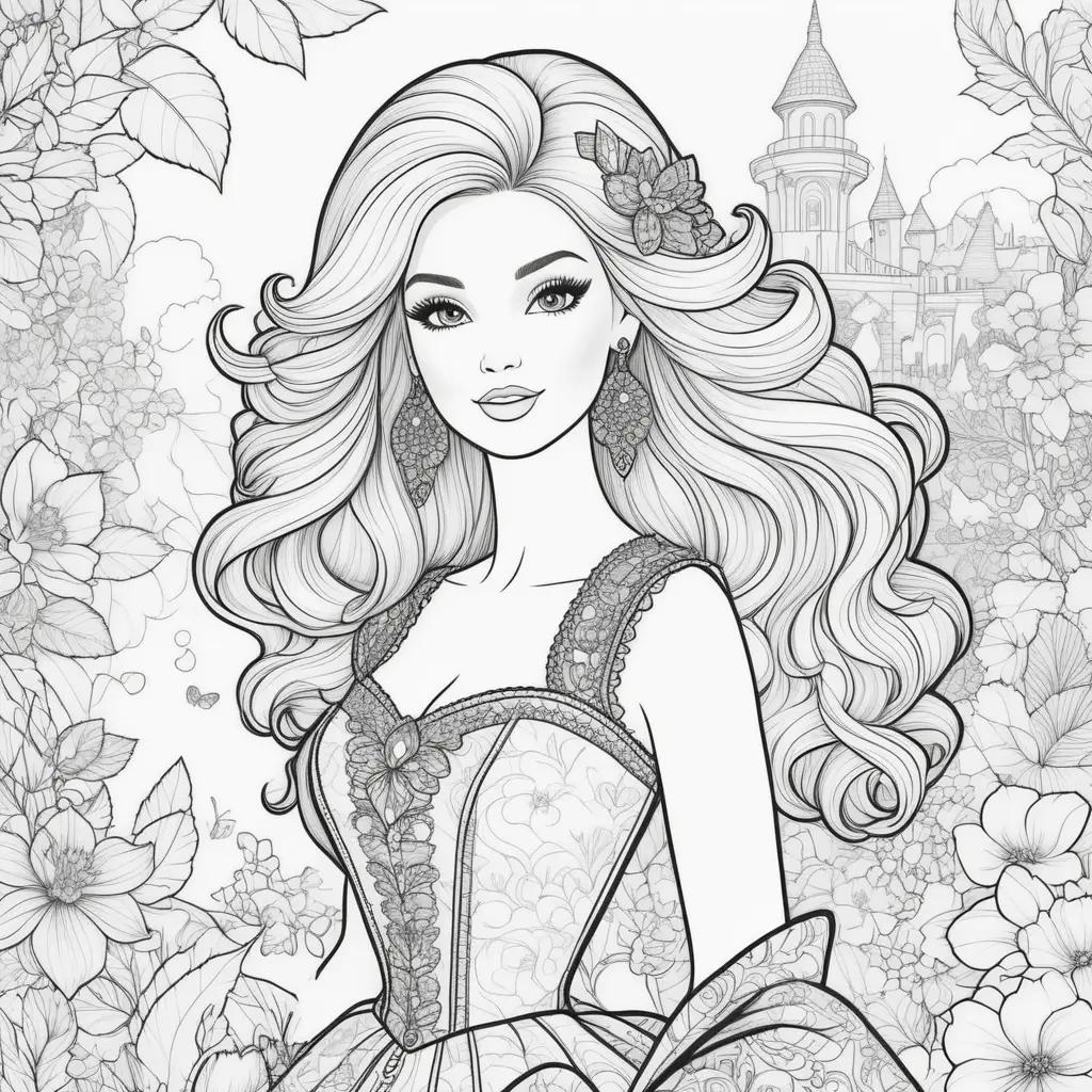 Colorful Barbie coloring pages with a castle and flowers in the background