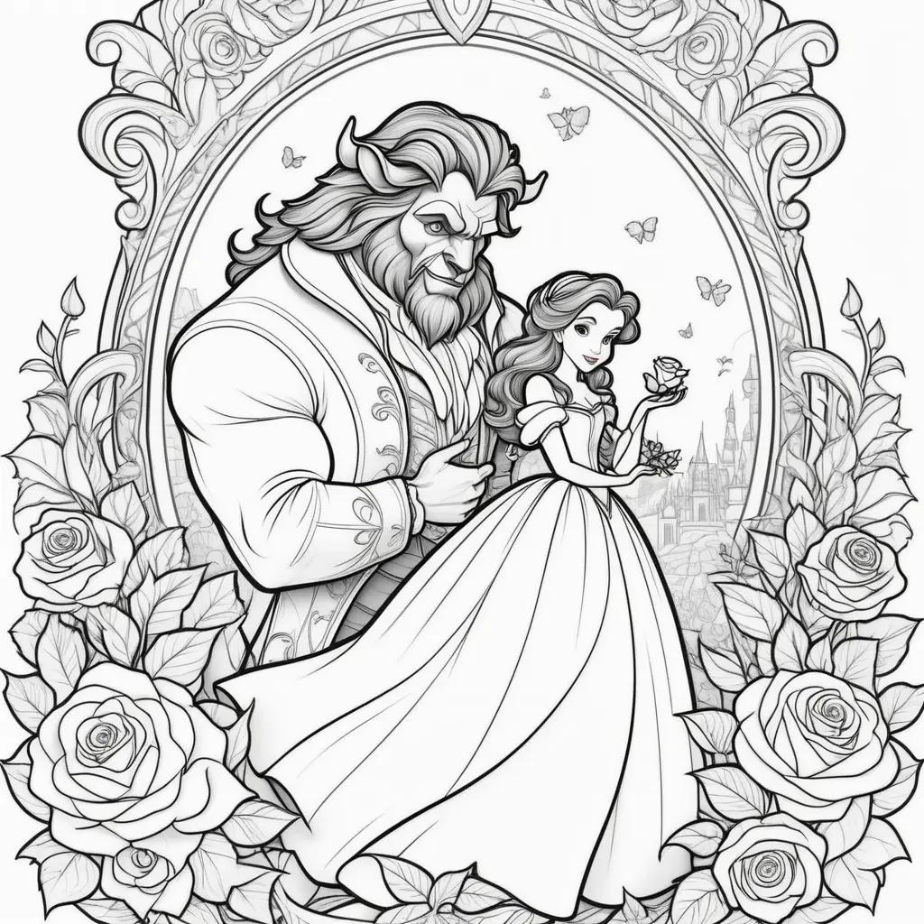 Colorful Beauty and the Beast coloring pages featuring a princess and a beast