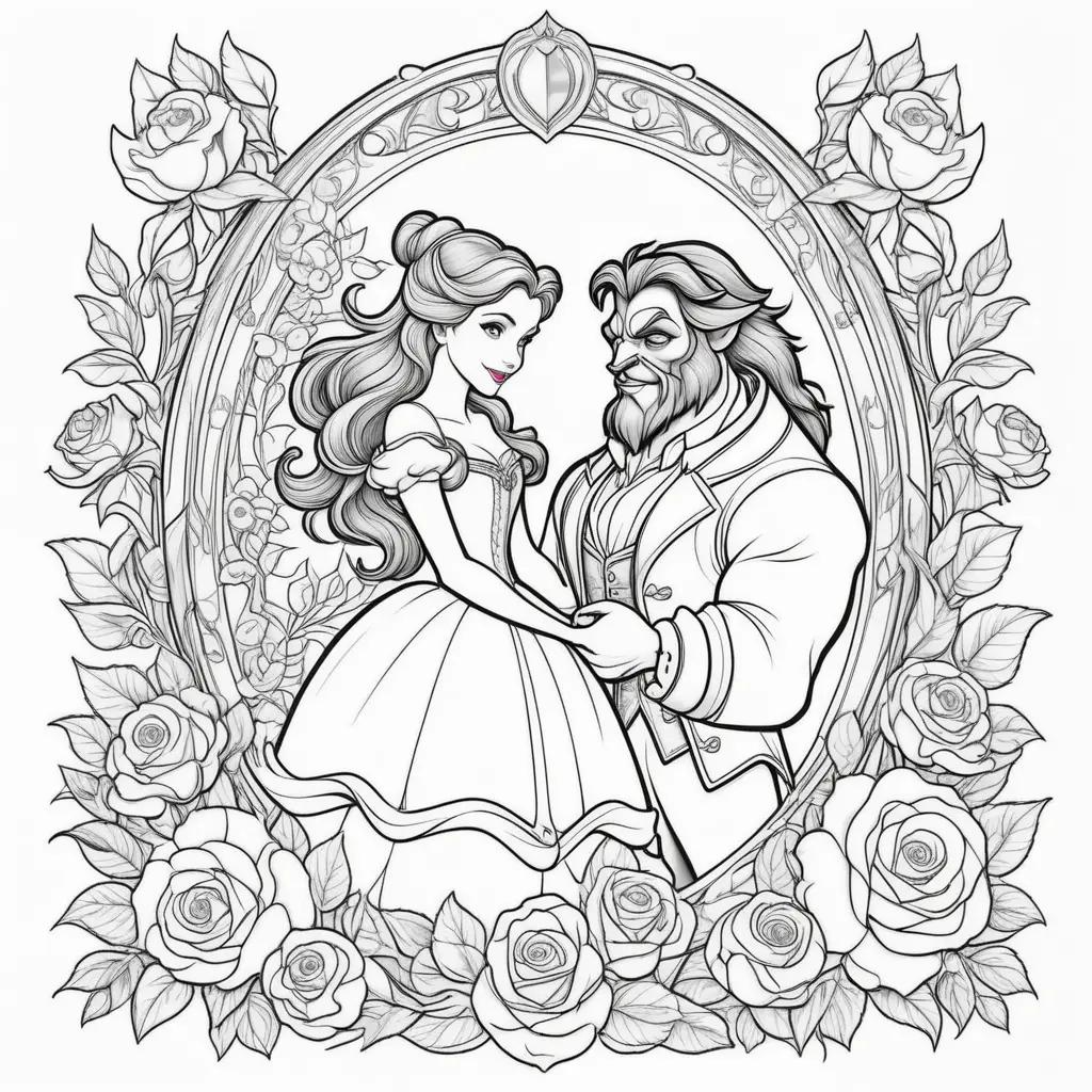 Colorful Beauty and the Beast coloring pages in a frame