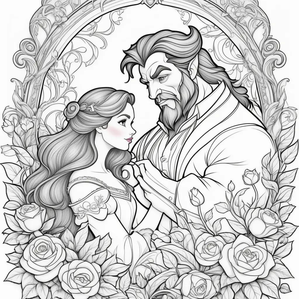 Colorful Beauty and the Beast coloring pages with rose flowers