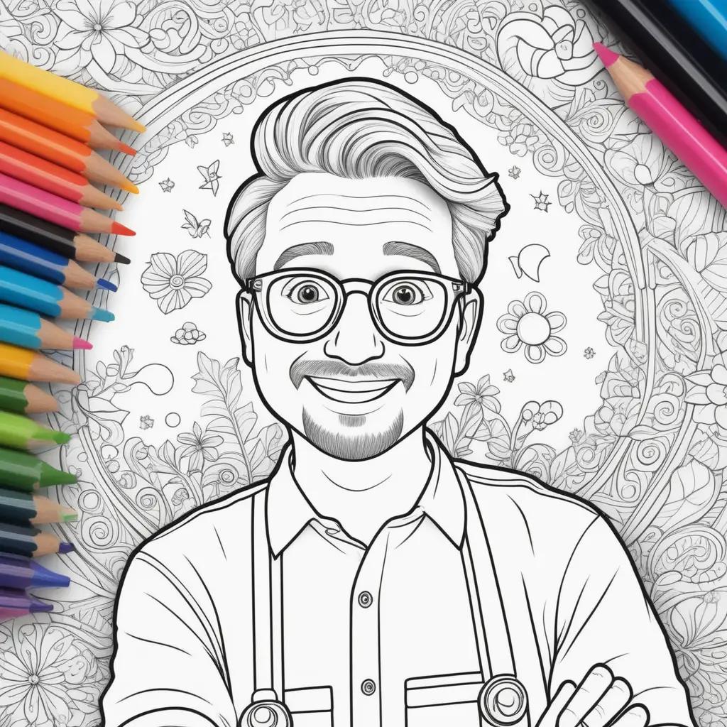 Colorful Blippi coloring page featuring a man with glasses and a smile