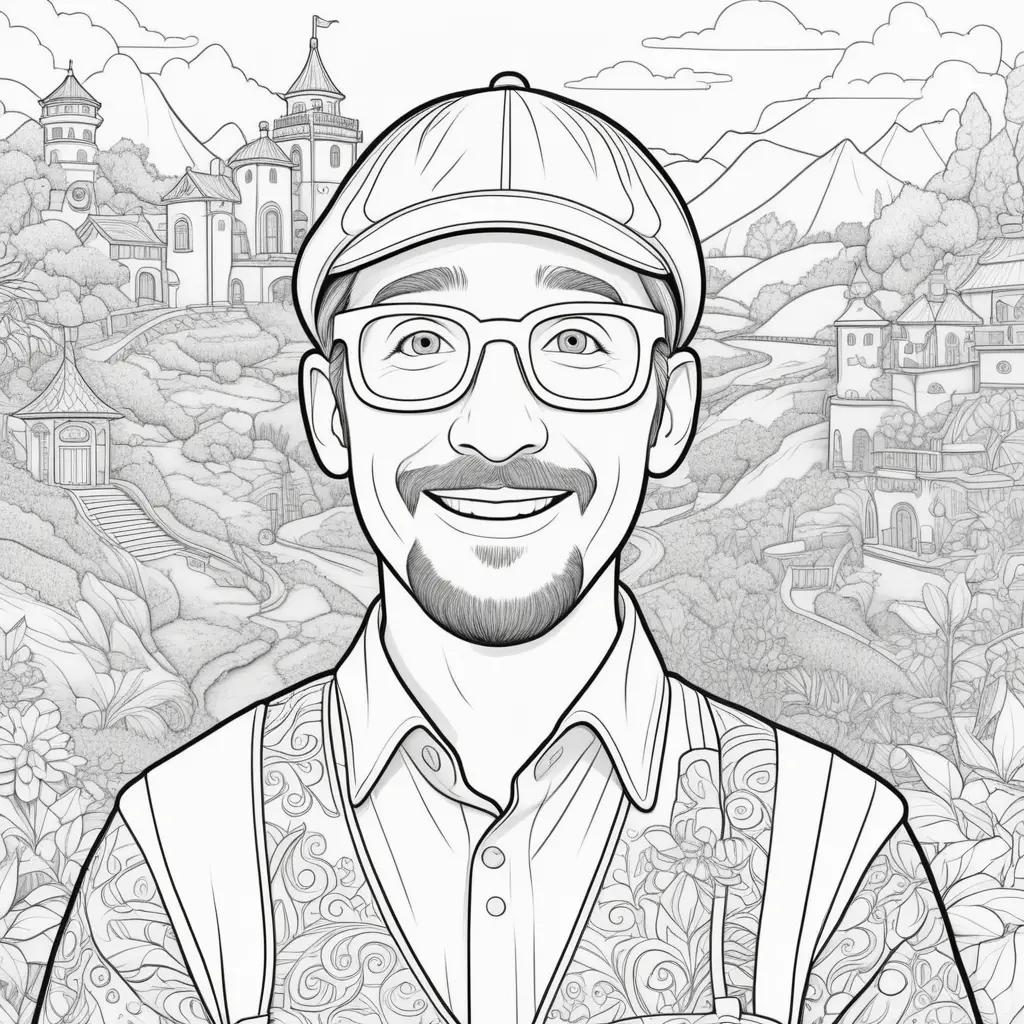 Colorful Blippi coloring page with mountains and buildings