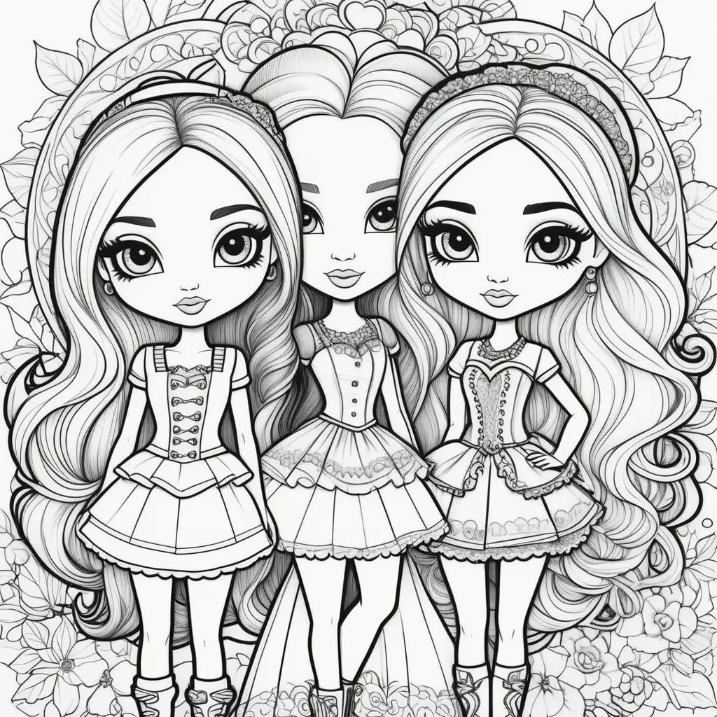 Colorful Bratz dolls coloring pages with flowers