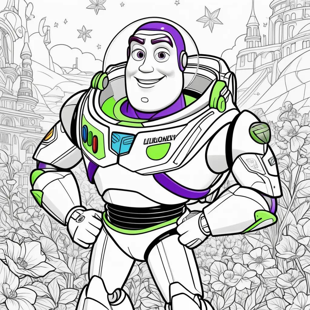 Colorful Buzz Lightyear coloring page features stars and flowers