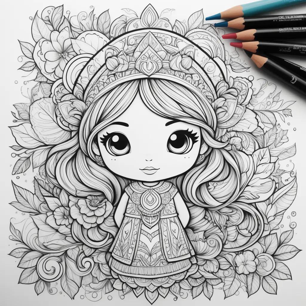 Colorful Cartoon Girl with Flowers and Leaves