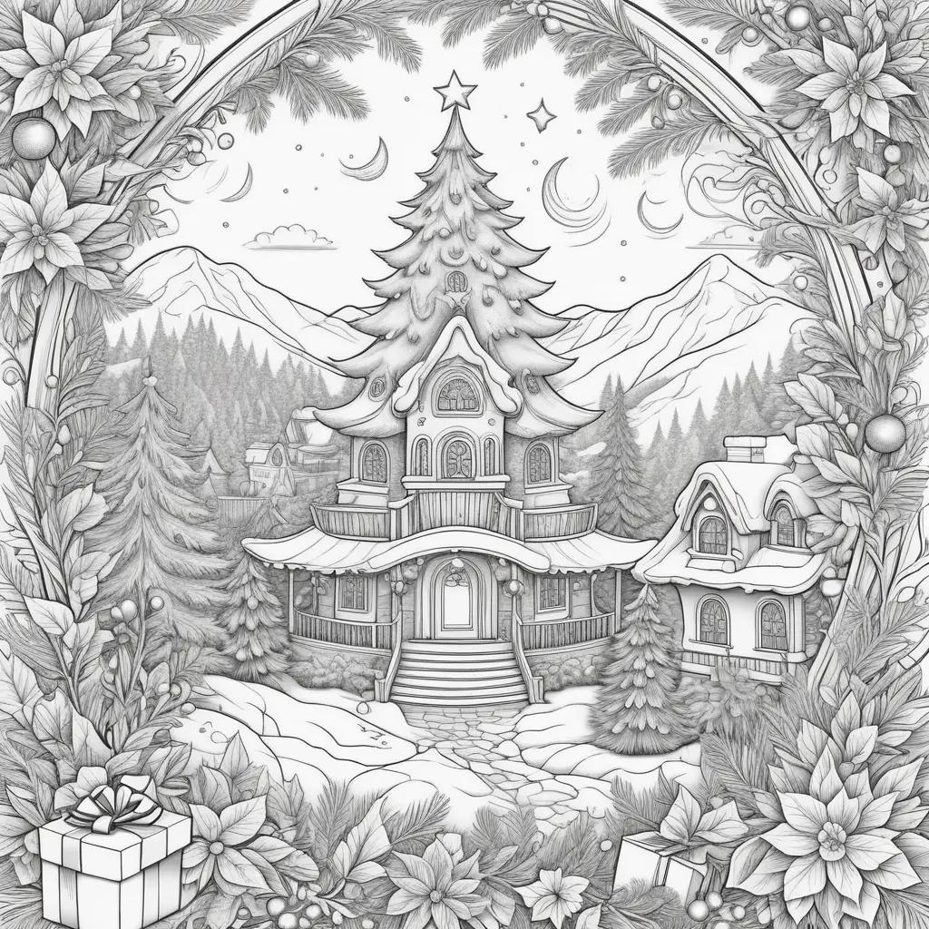 Colorful Christmas tree and houses on a coloring page