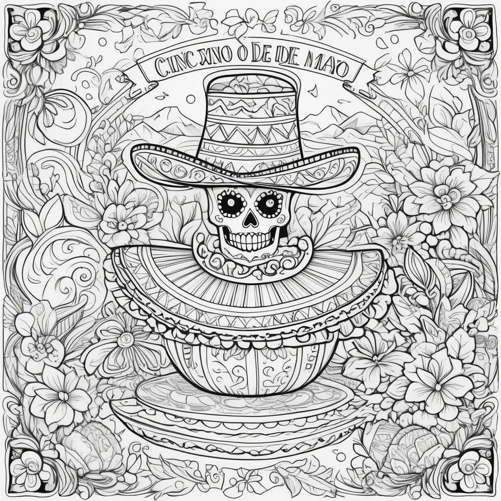 Colorful Cinco de Mayo coloring page with skull and flowers