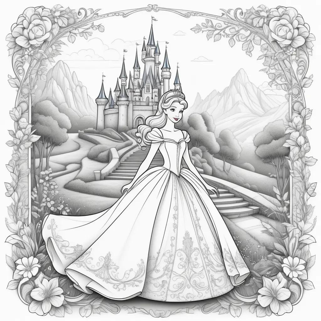 Colorful Cinderella coloring pages with castle and flowers