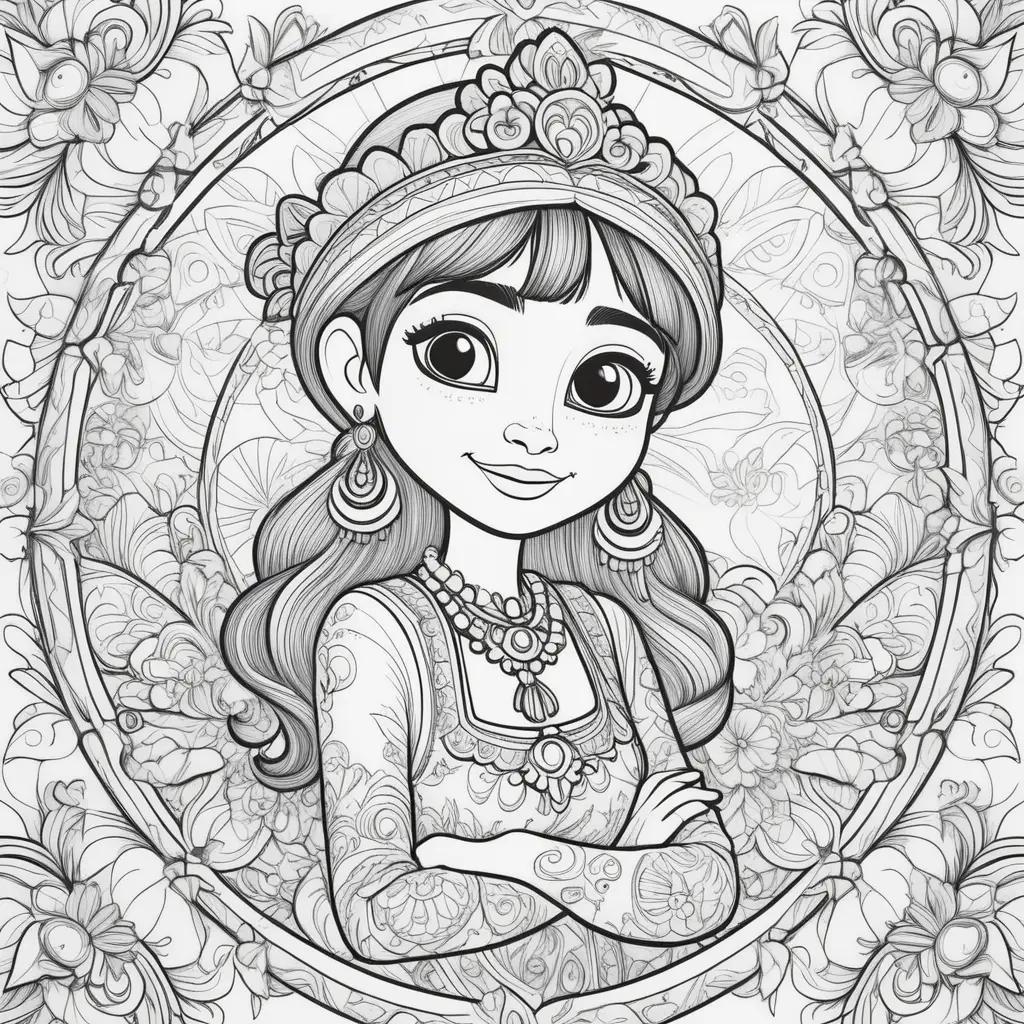 Colorful Coco coloring pages featuring a princess with a crown